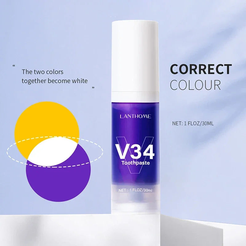 V34 Pro Whitening Toothpaste Removal Plaque Stain Purple Corrector Teeth Enamel Care Easy Reduce Yellowing Oral Clean Care